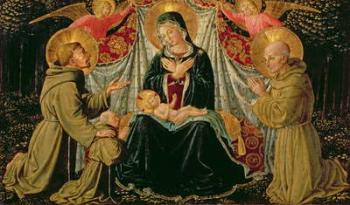Madonna and Child with St. Francis and the donor Fra Jacopo da Montefalco (left) and St. Bernardino of Siena (right), c.1452 (panel) | Obraz na stenu