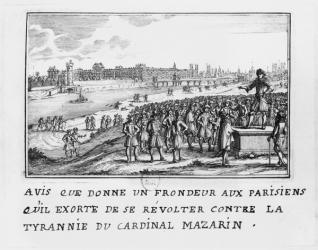 A man of the Fronde exhorting the Parisians to rise up against Cardinal Mazarin's tyranny on 6th January 1649 (engraving) (b/w photo) | Obraz na stenu