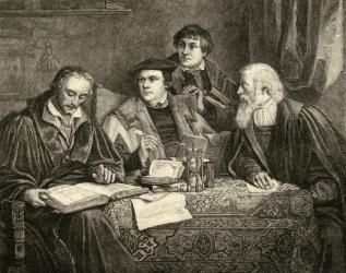 Luther (1483-1546) Melancthon (1497-1560) Pomeranus (1485-1558) and Cruciger (1504-48) translating the bible (engraving) | Obraz na stenu