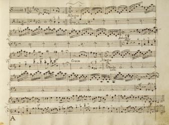 Manuscript page from the score of Opus V, 'Sonata for violin, violone, and harpsichord' | Obraz na stenu