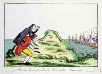 William Pitt the Younger (1759-1806) riding on the back of George III (1738-1820) Observing the French Squadron, 1803 (coloured engraving) | Obraz na stenu