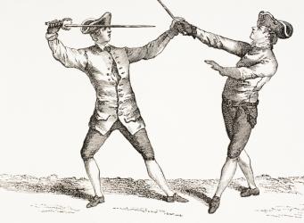 A swordsman in position to thrust after grasping his opponent's sword or sword hand, from 'XVIII Siecle Institutions, Usages et Costumes', published 1875 (litho) | Obraz na stenu