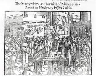 The Martydome and Burning of Master William Tindall (c.1494-1536) in Flanders, by Filford Castle, from 'Acts and Monuments' by John Foxe (1516-87) 1563 (woodcut) (b&w photo) | Obraz na stenu