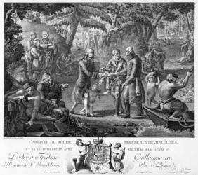 Henri IV (1553-1610) reconciling Frederick William II (1744-97) and Voltaire (1694-1778) at the Elysian Fields, 2nd half 18th century (engraving) (b/w photo) | Obraz na stenu
