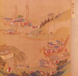The Second Sui Emperor, Yangdi (569-618) with his fleet of sailing craft, from a history of Chinese emperors (colour on silk) | Obraz na stenu