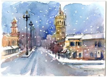 Plaza in winter, 2015, (watercolor) | Obraz na stenu