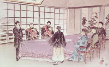 The Japanese ministers I-Tso and Mou-Tsou discuss with the Chinese envoy Ri-Ko-Sho the conditions of the Shimonoseki truce, 16th April 1895 (colour litho) | Obraz na stenu