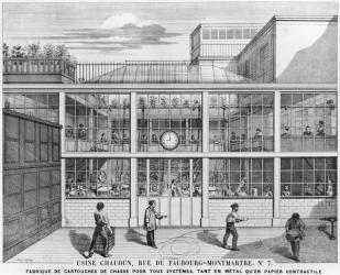 Factory for shotgun cartridges, Usine Chaudun, rue du Faubourg Montmartre 7, Paris, engraved by Luc (19th century) (litho) (b/w photo) | Obraz na stenu