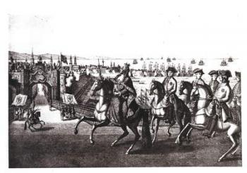 Catherine II (1729-96) the Great, riding into one of the ports in the Crimea captured from the Turks (engraving) (b/w photo) | Obraz na stenu