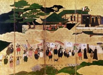 The Arrival of the Portuguese in Japan, detail of the right-hand section of a folding screen, Kano School (lacquer) | Obraz na stenu