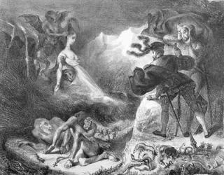 Faust and Mephistopheles at the Witches' Sabbath, from Goethe's Faust, 1828, (illustration), (b/w photo of lithograph) | Obraz na stenu