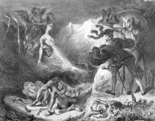 Faust and Mephistopheles at the Witches' Sabbath, from Goethe's Faust, 1828, (illustration), (b/w photo of lithograph) | Obraz na stenu