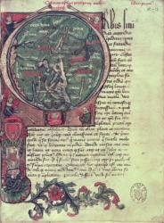 Ms 1321 fol.12 Historiated initial 'O' depicting Earth, from 'De Situ Orbis' by Pomponius Mela (fl.c.50 AD) 1418 (vellum) | Obraz na stenu