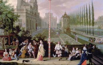 Detail of elegant figures playing musical instruments around a maypole (oil on copper) (detail of 82407) | Obraz na stenu
