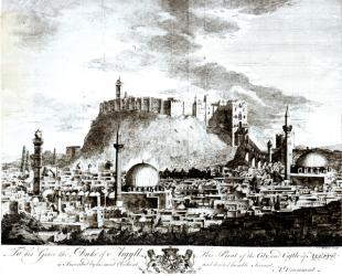 A view of the city and castle of Aleppo, Syria, 1754 (engraving) | Obraz na stenu