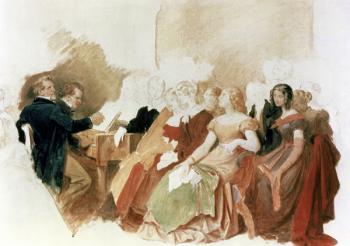Study for An Evening at Baron von Spaun's: Schubert at the piano among his friends, including the operatic baritone Heinrich Vogl (1845-1900) (w/c on paper) | Obraz na stenu