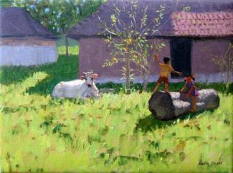 WHITE COW AND TWO CHILDREN,MANKOTTA ISLAND,KERALA,INDIA(oil on canvas) | Obraz na stenu