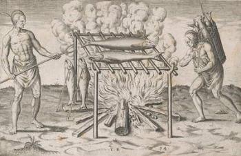 Cooking Fish, plate XIII, from 'A briefe and true report of the new found land of Virginia, Grand Voyages', printed by Johann Wechel in 1600 (engraving) | Obraz na stenu