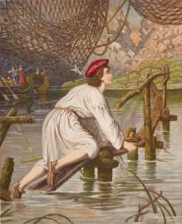 Tender Conscience crossing the bridge, illustration from 'The Pilgrim's Progress' by John Bunyan (1628-88) (colour litho) | Obraz na stenu