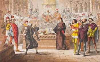 Shylock speaks in The Merchant of Venice, Act IV, Scene I, 'Is that the law?', from 'The Illustrated Library Shakespeare', published London 1890 (colour litho) | Obraz na stenu