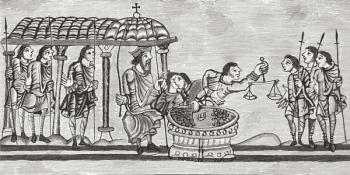 Officers receiving and weighing coins at the exchequer 1130-74, from 'A Short History of the English People' by J. R. Green, published 1893 (litho) | Obraz na stenu