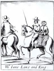 Mrs Jane Lane riding with King Charles II (1630-85) after the defeat at the Battle of Worcester in September 1651, published 1660 (engraving) (b/w photo) | Obraz na stenu
