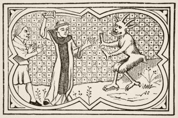The devil attempts to seize a magician who had formed a pact with him but is prevented by a lay brother, after a miniature from the 13th century 'Chroniques de Saint-Denis, from 'Science and Literature in the Middle Ages' by Paul Lacroix, 1878 (litho) | Obraz na stenu