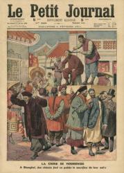 Modernisation of China, Chinese having their pigtail cut off in Shanghai, illustration from 'Le Petit Journal', supplement illustre, 5th February 1911 (colour litho) | Obraz na stenu