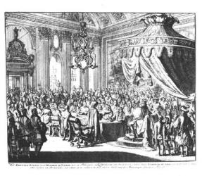 Revocation of the Edict of Nantes, on 22nd October 1685 (engraving) (b/w photo) | Obraz na stenu