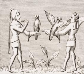 Falconers dressing their birds, reproduction of a miniature in the 14th century manuscript 'Livre de Roy du Modus' by Henri de Ferrieres, from 'Le Moyen Age et La Renaissance' by Paul Lacroix (1806-84) published 1847 (litho) | Obraz na stenu