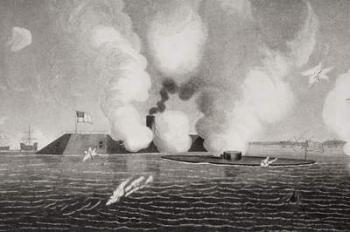 Combat between the Confederate CSS Virginia (left) and the Union USS Monitor (right) on March 9th 1862 at Hampton Roads, Virginia (litho) (detail of 254608) | Obraz na stenu