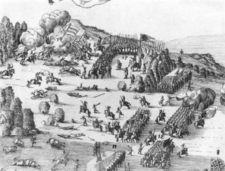 General view of the battle of Muhlberg, detail, 24th April 1547 (engraving) (b/w photo) (see also 217805 to 217808) | Obraz na stenu