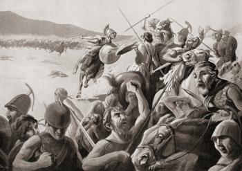 The Battle of Cynoscephalae, Thessaly, Greece, 197 BC between the Roman army and the Antigonid dynasty of Macedon. From Hutchinson's History of the Nations, published 1915. | Obraz na stenu