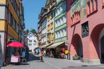 Appenzell, Appenzell Innerrhoden Canton, Switzerland. Hauptgasse, the main street. Red building on right is the town hall. | Obraz na stenu