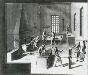 Dying silk threads, illustration from the Encylopedia of Denis Diderot (1713-84) 1751-72 (engraving) (b&w photo) | Obraz na stenu