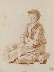Small girl sitting on the ground (red chalk on paper) | Obraz na stenu