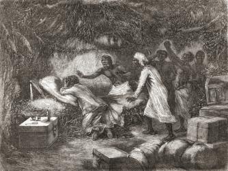Death of Dr. Livingstone in the village of Tchitammbo, Africa, in 1873, illustration from 'The World in the Hands', published 1878 (engraving) | Obraz na stenu