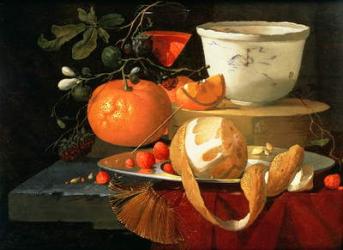 Still life of an orange, a lemon and strawberry on a pewter plate, a wan-li bowl behind | Obraz na stenu
