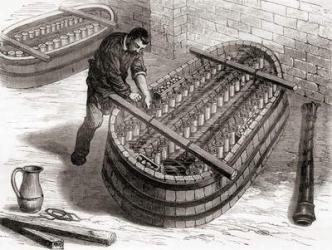 Worker using an electrochemical bath to copper plate a chandelier cast in Monsieur Oudry's workshop in the 19th century, from Les Merveilles de la Science, published c.1870 (engraving) | Obraz na stenu
