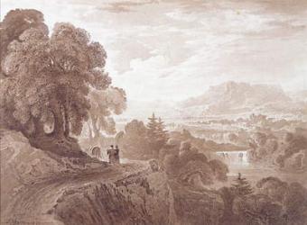 Travellers on a road above a river, 1821 (brown wash over graphite on paper) | Obraz na stenu