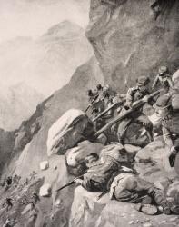 Italian troops levering boulders down onto enemy soldiers in the Dolomities, 1915, from 'The War Illustrated Album deLuxe' published in London, 1916 (litho) | Obraz na stenu