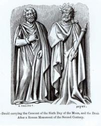 Two Druids, one carrying the Crescent of the Sixth Day of the Moon, after a Roman monument of the second century, illustration from 'Science and Literature in the Middle Ages and the Renaissance', written by Paul Lacroix, engraved by Huyot (19th century)  | Obraz na stenu