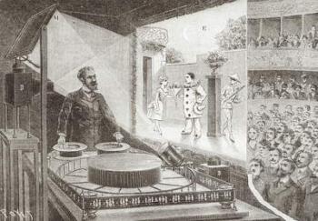 The 'Theatre Optique' and its inventor Emile Reynaud (1844-1918) with a scene from 'Pauvre Pierrot', c.1892-1900 (engraving) (b/w photo) | Obraz na stenu