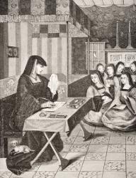 Court of the Ladies of Queen Anne of Brittany (1477-1514), after a 16th century miniature from 'Epistres Envoyees au Roi', from 'Le Moyen Age et La Renaissance' by Paul Lacroix (1806-84) published 1847 (litho) | Obraz na stenu