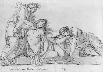 Old woman leaning over two fainting women, c.1776 (pen & brown ink & grey wash & pierre noire on paper) | Obraz na stenu