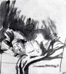 Sick woman in a bed, maybe Saskia, wife of the painter, c.1640 (pen & bistre on paper) (b/w photo) | Obraz na stenu