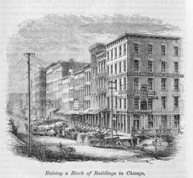 Raising a block of buildings in Chicago, from 'Our Whole Country: The Past and Present of the United States, Historical and Descriptive', by John Warner Barber and Henry Hare, 1861 (engraving) | Obraz na stenu