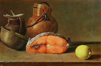 Still Life with a Piece of Salmon, a Lemon and Kitchen Utensils (oil on canvas) | Obraz na stenu