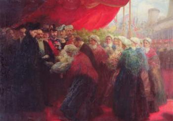 The Bazennes offering a silver fish to Alix of Hesse-Darmstadt, Empress of Russia, in Dunkirk in 1901 (oil on canvas) | Obraz na stenu