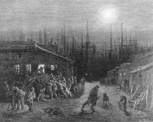 The Docks Night Scene, from 'London, a Pilgrimage', written by William Blanchard Jerrold (1826-84), engraved by Paul Jonnard-Pacel (d.1902), pub. 1872 (engraving) | Obraz na stenu